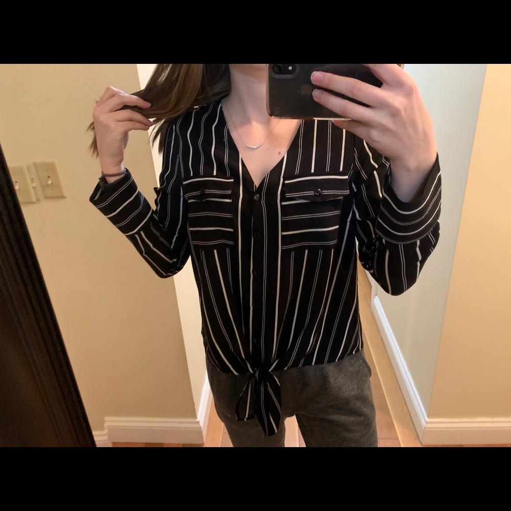 Black and white striped blouse tie front